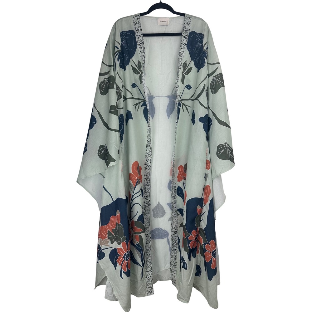 Bonne Journee Green Floral Kimono Robe Duster Open Front One Size Boho Botanical